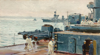 Мальцев Пётр Тарасович. Утро на крейсере. Картон, масло. 15,2х27. 1950. Симферопольский художественный музей.