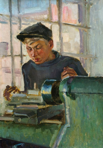 Огибенин Леонид Николаевич. Ученик токаря. Картон, масло. 73,5х52. Середина 20 века. Новосибирский государственный художественный музей.