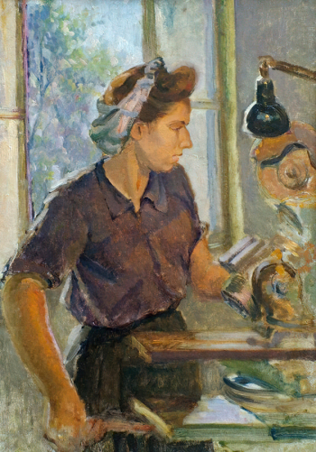Огибенин Леонид Николаевич. Работница у токарного станка. Картон, масло. 63,3х52. Середина 20 века. Новосибирский государственный художественный музей.