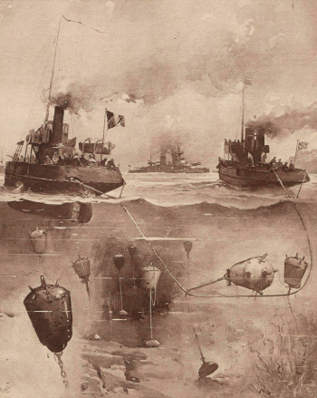 Неизвестный художник. Траление мин в Дарданеллах. Иллюстрация. 1915. Журнал `Зеркало` (Le Miroir).
