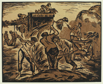 Винник Михаил Моисеевич. У молотилки. Бумага, линогравюра. 18,6х23,2. 1931. Государственный музей изобразительных искусств имени А.С.Пушкина.