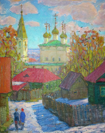 Еремеев Леонид Фёдорович. Весна в Вязниках. ДВП, масло. 50,2х40. 1995. Вязниковский историко-художественный музей.