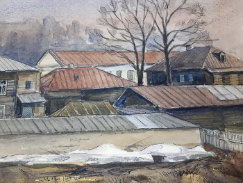 Лебедев Май Николаевич. Вязниковские дворики. Бумага, акварель. 1985. Вязниковский историко-художественный музей.