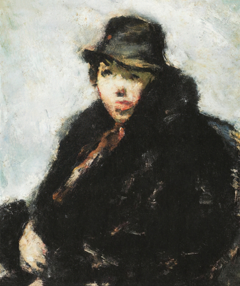 Иванов Сергей Иванович (1922). Молодой человек в чёрной дохе. Фанера, масло. 41,5х34,2. 1920-е. Химкинская картинная галерея имени С.Н.Горшина.