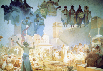 Альфонс Мариа Муха. Введение славянской литургии. Славянская эпопея. Холст, темпера. 810х610. 1912. Городская галерея Праги.