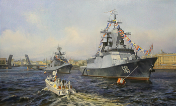 Алёшин Андрей Анатольевич. Главный Военно-морской парад в Санкт-Петербурге в 2017 году. Холст, масло. 96х158. 2018. Центральный военно-морской музей имени императора Петра Великого.