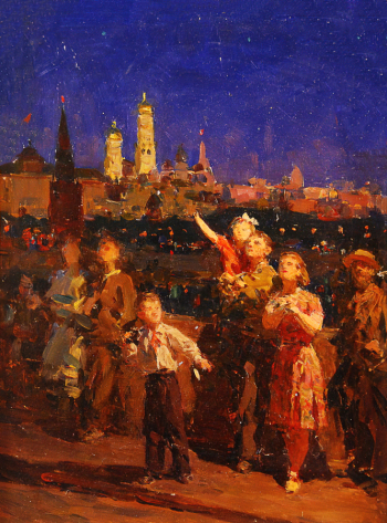 Язев Иван Андреевич. Спутник над Москвой. Эскиз. Холст, масло. 40х30. 1958. Волгодонский эколого-исторический музей.