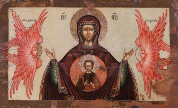 Неизвестный иконописец. Икона `Богоматерь Знамение с херувимами`. Доска, левкас, темпера. 54х89. 18 век. Пермская государственная художественная галерея.