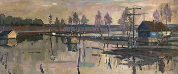Сосин Юрий Иванович. Половодье в Дубне. Оргалит, масло. 60х100. 1964. Музей Дубны.