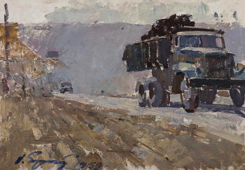Еремеев Олег Аркадьевич. Самосвал на дороге. Картон, масло. 49,7х69,8. 1959. Дальневосточный художественный музей.