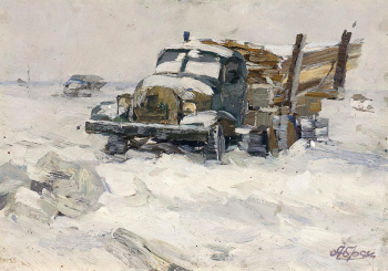 Абросимов Александр Иванович. Первая автоколонна в Амурске. Картон, масло. 31х43. 1959. Дальневосточный художественный музей.