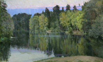 Космин Иван Владимирович. Лесное озеро. Картон, масло. 10,5х31. 1960-е. Липецкий областной краеведческий музей.
