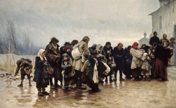 Творожников Иван Иванович. У церкви. Холст, масло. 145,7х229,4. 1889. Государственная Третьяковская галерея.