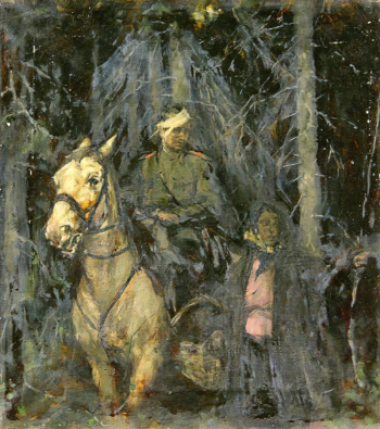 Орлова Вера Александровна. В разведке. Холст, масло. 48,5х41,8. 1940-е. Рыбинский государственный историко-архитектурный и художественный музей-заповедник.