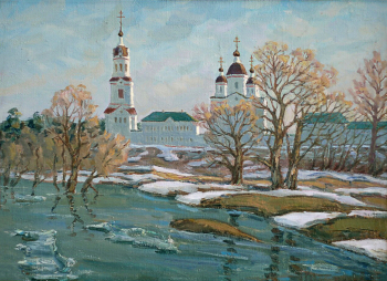 Корабельников Александр Алексеевич. Разлив реки Мокши. Холст, масло. 44х60. 1999. Тульский музей изобразительных искусств.