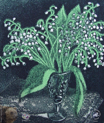Тучина Ольга Борисовна. Ландыши. Бумага, цветной офорт. 10х8,0. 2000. Частное собрание.