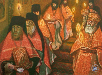 Тучина Ольга Борисовна. Пасхальная заутреня. Бумага, цветной офорт. 30х40. 2000. Частное собрание.