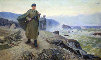 Самсонов Марат Иванович. На родных рубежах. Холст, масло. 141х86. 1953. Центральный пограничный музей Федеральной службы безопасности Российской Федерации.