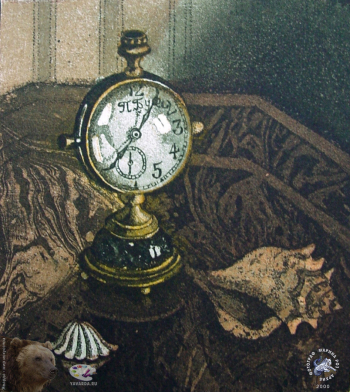 Тучина Ольга Борисовна. Часы и раковины. Бумага, цветной офорт. 10х8,0. 1998. Частное собрание.