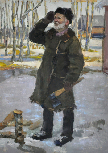 Козлов Иван Александрович. Колка дров. Картон, масло. 42,5х31. 20 век. Александровский художественно-краеведческий музей.