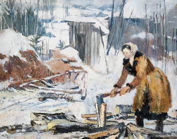 Пименов Юрий Иванович. Колка дров. Картон, масло. 26х32. 1945. Частное собрание.