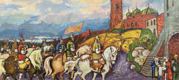 Курников Николай Фёдорович. Богатыри. Холст, масло. 54,5х118. 1958. Центр пропаганды изобразительного искусства.