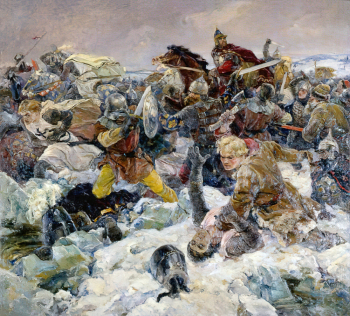 Серов Владимир Александрович. Ледовое побоище. Холст, масло. 200х220. 1942. Пензенская областная картинная галерея имени К.А.Савицкого.