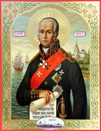 Гусарин Сергей Борисович. Икона `Святой праведный воин, адмирал Фёдор Фёдорович Ушаков`. Доска, темпера. 50х39,5. 2010. Рыбинский государственный историко-архитектурный и художественный музей-заповедник.