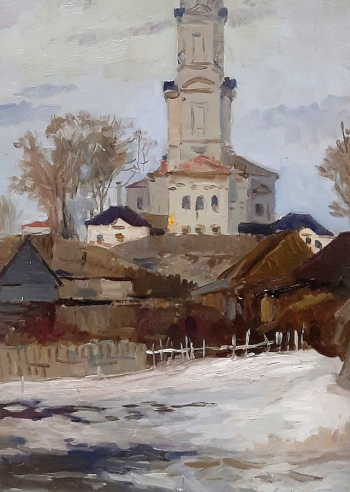 Шанин Марат Семёнович. Темников. Старый собор. Картон, масло. 50х33. 1959. Темниковский историко-краеведческий музей имени Ф.Ф.Ушакова.