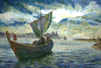Канев Михаил Васильевич (1956). Струги у Обдорска. Холст, масло. 75х60. 20 век. Приуральский районный краеведческий музей.