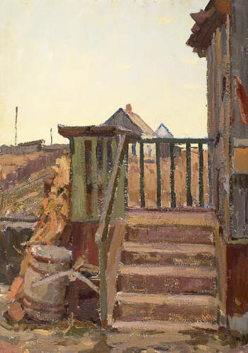 Петухов Иван Сергеевич. Крыльцо. Картон, масло. 50х35. 1964. Дальневосточный художественный музей.