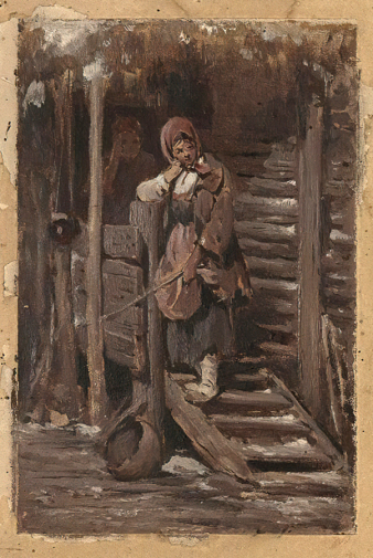 Симов Виктор Андреевич. Крестьянская девочка на крыльце. Картон, масло. 18х11,5. 1890-е. Музей Московского Художественного академического театра.