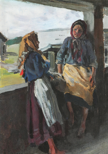 Степанов Алексей Степанович. Девушки на крыльце. Холст, масло. 41х29. Начало 20 века. Химкинская картинная галерея имени С.Н.Горшина.