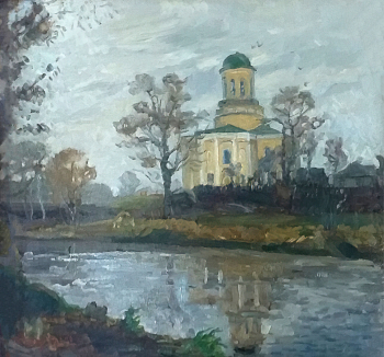 Орлов Виктор Герасимович. Наро-Фоминск. Вид на музей. Картон, масло. 43х46. 1981. Наро-Фоминский историко-краеведческий музей.