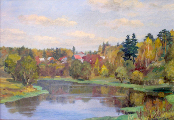 Знатнов Григорий Ефимович. Осень на реке Воря. Картон, масло. 35х50. 1984. Картинная галерея (Красноармейск).