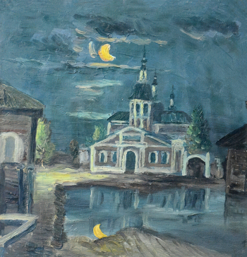 Кушнарёв Фёдор Георгиевич. Разлив протоки. Бумага, масло. 21х21. 1930-е. Минусинский региональный краеведческий музей имени Н.М.Мартьянова.