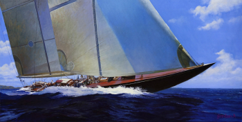 Гревцев Антон Юрьевич. Суперяхта J-Класса Velsheda. Холст, масло. 40x80. 2021. Частное собрание (Португалия).