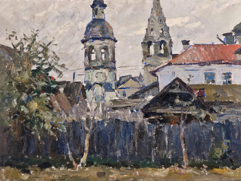 Дубов Александр Фёдорович. Памятник старины в Осташкове. Картон, масло. 49,1х65,2. 1970. Тверская областная картинная галерея.