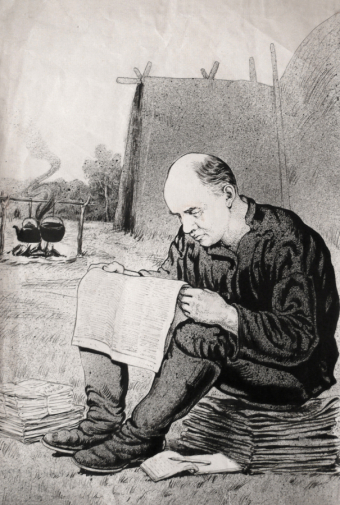 Шафран Марк Лазаревич. Ленин в Разливе. Бумага, тушь, перо. 38,5х26. До 1938 года. Историко-мемориальный музей `Смольный`.