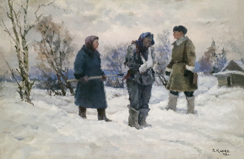 Карев Василий Васильевич. Колхозница ведёт пленного немца. Холст, масло. 50х77. 1942. Государственный центральный музей современной истории России.