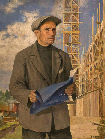 Карев Василий Васильевич. Прораб ударник Новиков. Холст, масло. 115х82. 1932. Челябинский государственный музей изобразительных искусств.