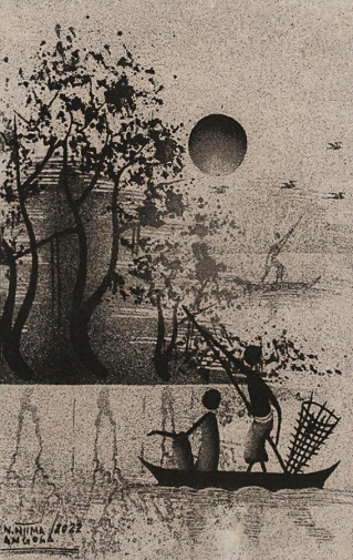 Ниима Н. (Niima N.). Ангола. Холст, тушь, песок, трафарет. 45х30,5. 2022. Музей-заповедник `Музей Мирового океана`.