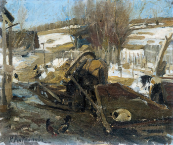 Антропов Иван Григорьевич. Ранней весной в деревне. Холст на картоне, масло. 40,7х49. 1910-е. Нижнетагильский музей изобразительных искусств.