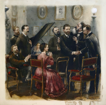 Алякринский Пётр Александрович. Чайковский и Могучая Кучка. Ватман, акварель. 38,5х44. 1957. Музей-усадьба П.И.Чайковского.