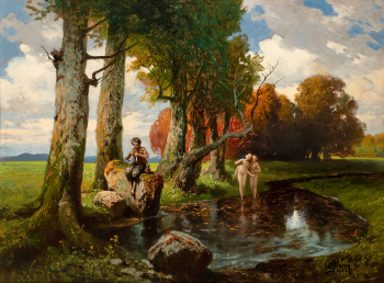 Георг Янни. Пан и нимфы (Зачарованная мелодия). Холст, масло. 48х66. 1922. Частное собрание.