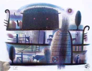 Шапошникова Туйаара Ефимовна. Дом Омогая. Бумага, цветная литография. 62х50. 2000. Авторское собрание.