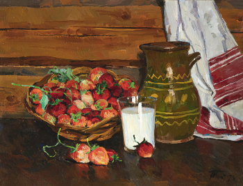 Подляский Юрий Станиславович. Клубника с молоком. Холст, масло. 48х60. 1973. Государственный Русский музей.