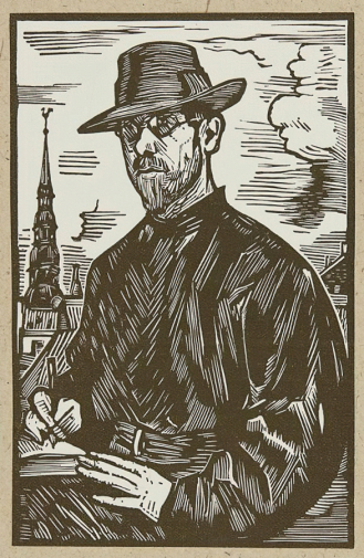 Масютин Василий Николаевич. Автопортрет. Бумага, ксилография. 14х8,8. 1928. Государственный музей изобразительных искусств имени А.С.Пушкина.