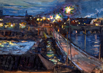 Моравов Александр Викторович. Волховстрой вечером. Холст, масло. 21х29,8. 1924-1925. Тверская областная картинная галерея.