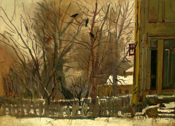 Морозов Александр Иванович (1902-1997). Городок художников зимой. Картон, гуашь. 75х106. 1970-е. Ивановский областной художественный музей.